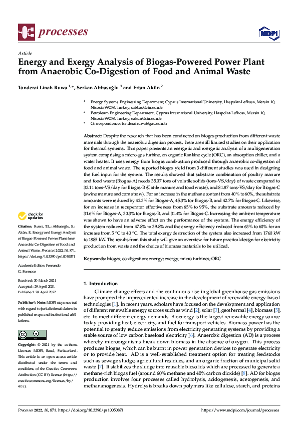 (PDF) Energy and Exergy Analysis of Biogas-Powered Power Plant from ...