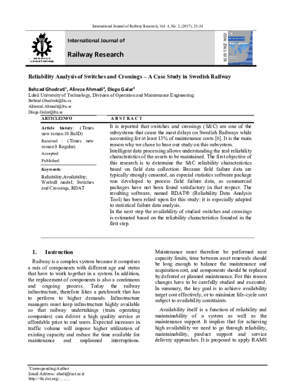 (PDF) International Journal of Railway Research Reliability Analysis of ...