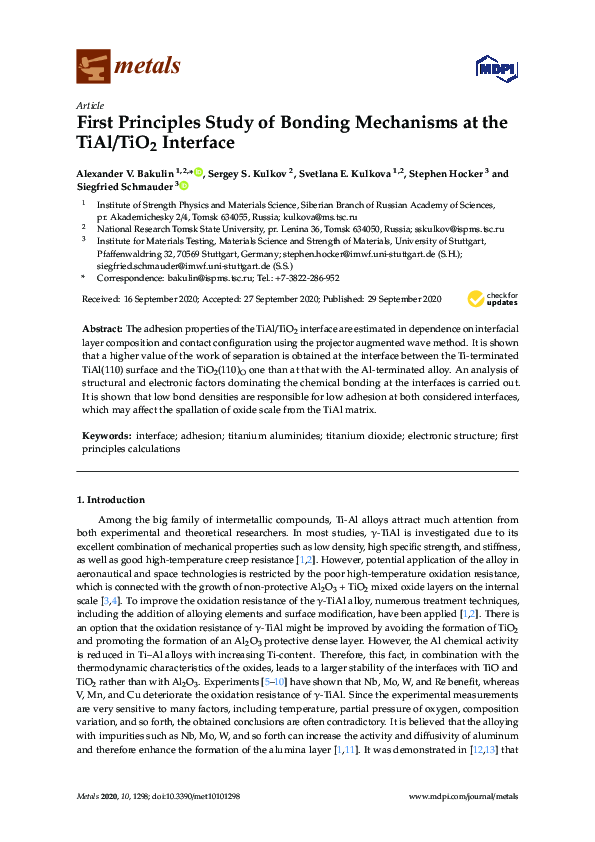 (PDF) First Principles Study of Bonding Mechanisms at the TiAl/TiO2 ...