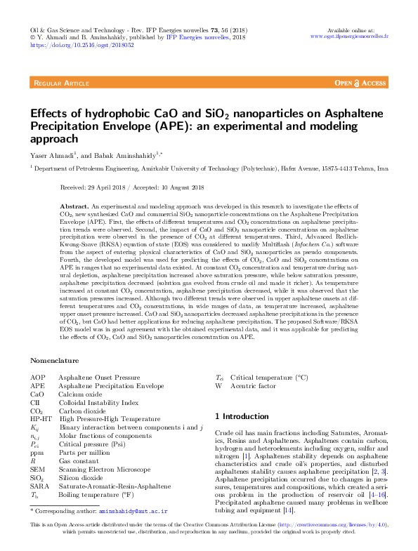 (PDF) Effects of hydrophobic CaO and SiO2 nanoparticles on Asphaltene ...