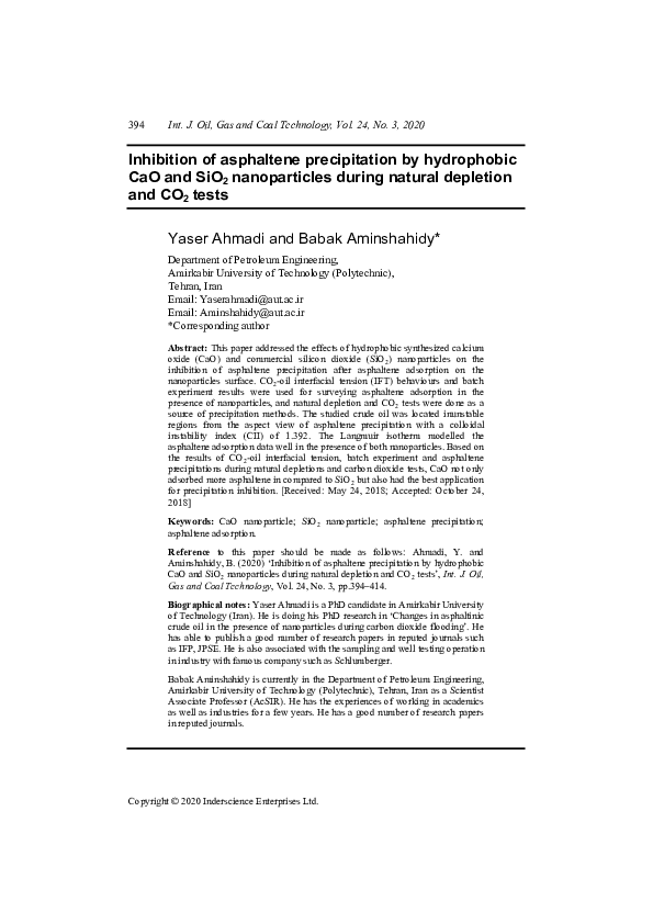 (PDF) Inhibition of asphaltene precipitation by hydrophobic CaO and ...