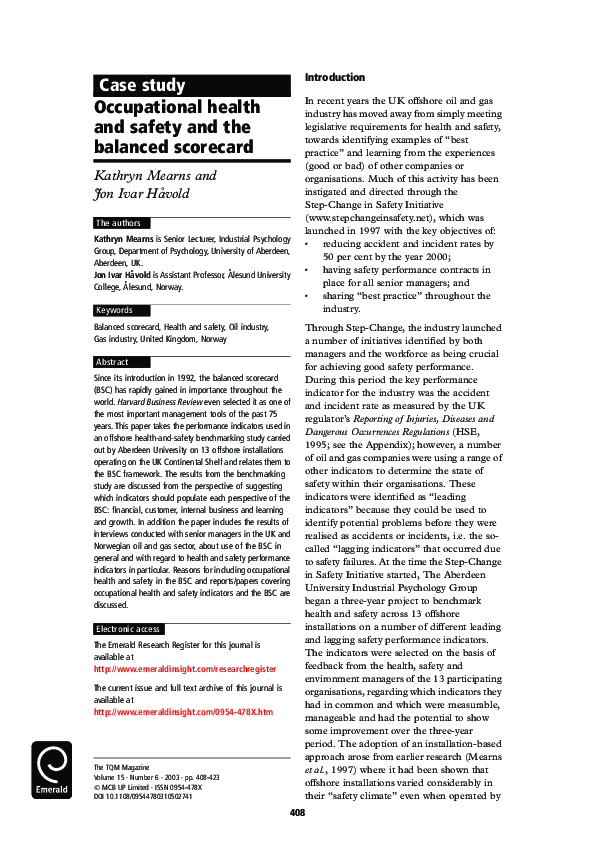 (PDF) Occupational health and safety and the balanced scorecard Jon