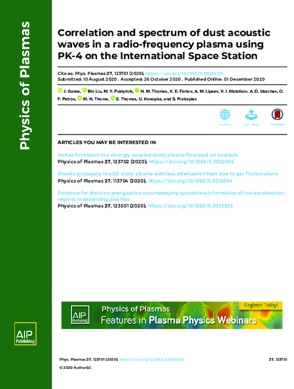 (PDF) Correlation and spectrum of dust acoustic waves in a radio ...