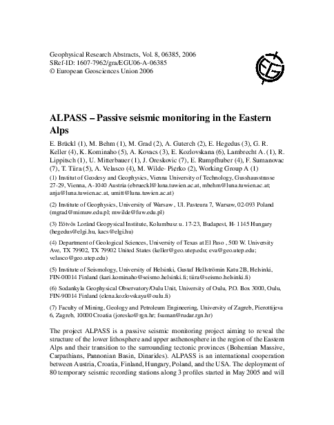 (PDF) ALPASS - Passive seismic monitoring in the Eastern Alps