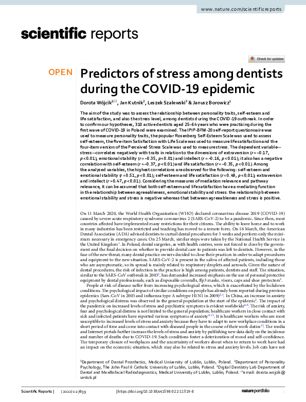 (PDF) Predictors of stress among dentists during the COVID-19 epidemic