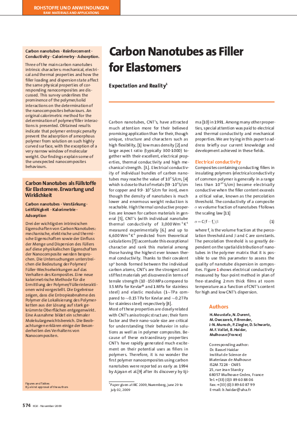 (PDF) Carbon Nanotubes as Filler for Elastomers: Expectation and Reality