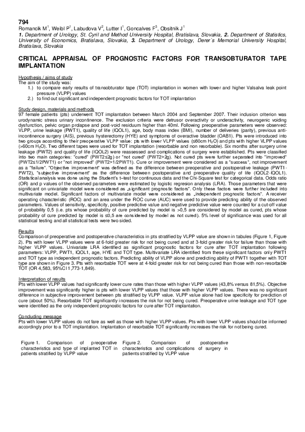 (PDF) Critical appraisal of prognostic factors for transobturator tape ...