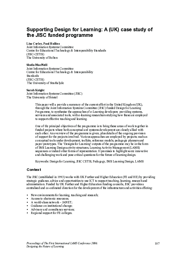 (PDF) Supporting Design for Learning: A (UK) case study of the JISC ...