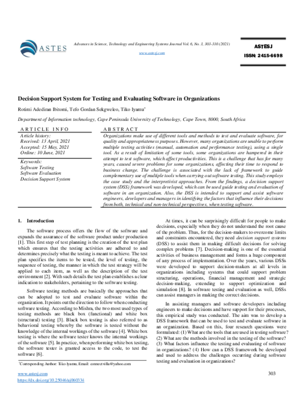 (PDF) A decision support system framework for testing and evaluating ...