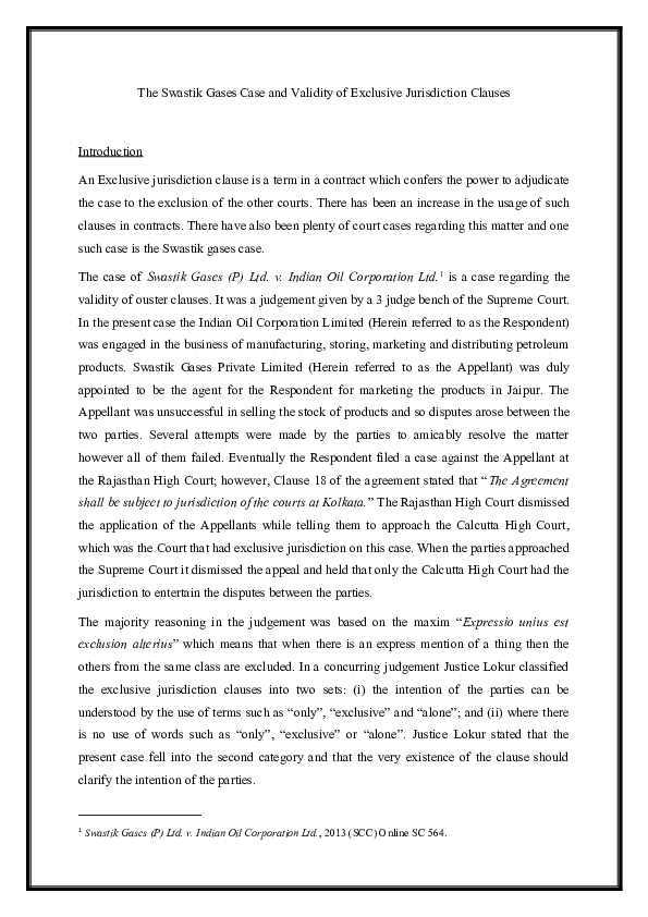 (DOC) The swastik gases case and validity of exclusive jurisdiction