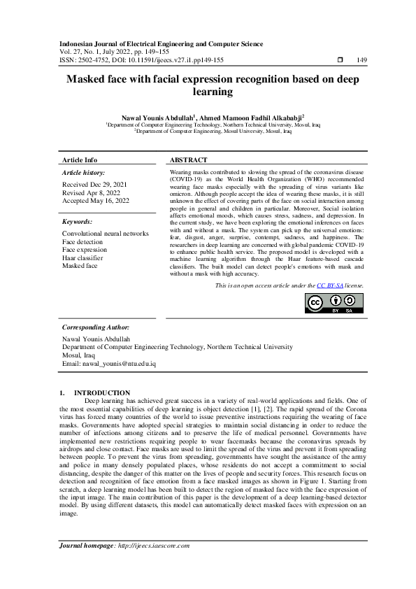 (PDF) Masked face with facial expression recognition based on deep learning