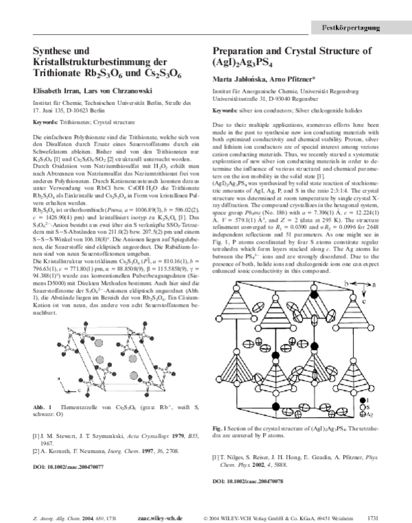 (PDF) Synthese und Kristallstrukturbestimmung der Trithionate Rb2S3O6 ...