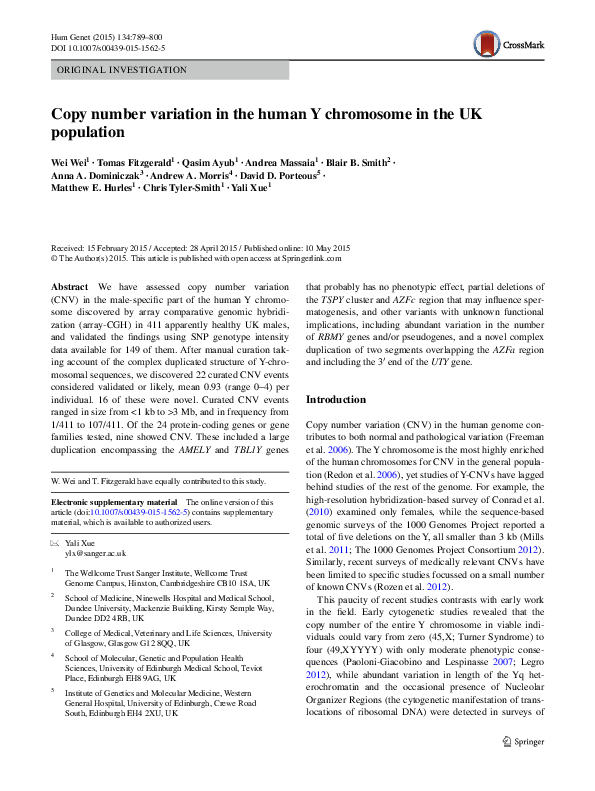 (PDF) Copy number variation in the human Y chromosome in the UK population