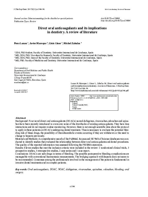 (PDF) Direct oral anticoagulants and its implications in dentistry. A ...