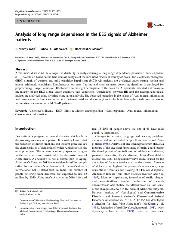 (PDF) Analysis of long range dependence in the EEG signals of Alzheimer ...
