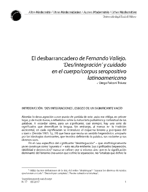  PDF El Desbarrancadero De Fernando Vallejo Des integraci n Y Cuidado 