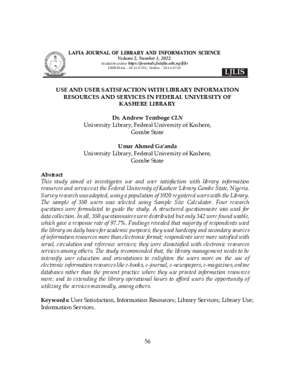 (PDF) USE AND USER SATISFACTION WITH LIBRARY INFORMATION RESOURCES AND ...