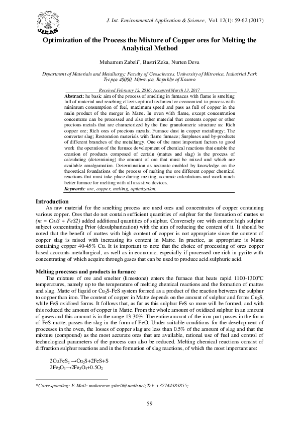 (PDF) Optimization of the Process the Mixture of Copper ores for