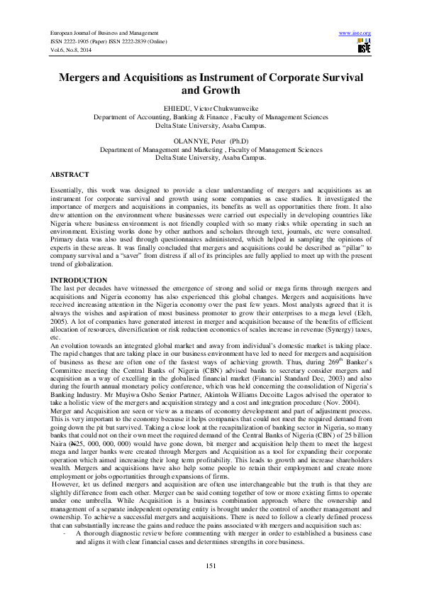 (PDF) Mergers and Acquisitions as Instrument of Corporate Survival and ...