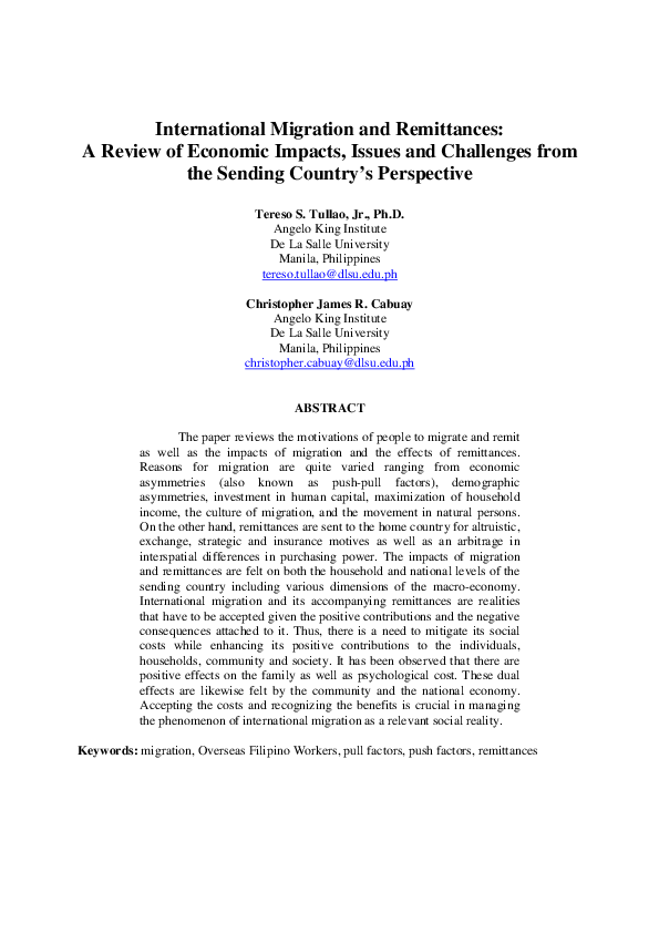 (PDF) International Migration and Remittances: A Review of Economic ...