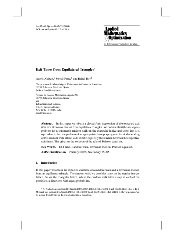 (PDF) Exit Times from Equilateral Triangles