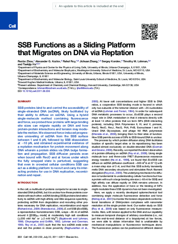 (PDF) SSB Functions as a Sliding Platform that Migrates on DNA via ...