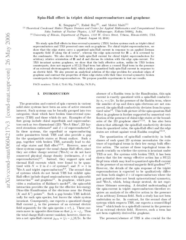 (PDF) Spin Hall effect in triplet chiral superconductors and graphene