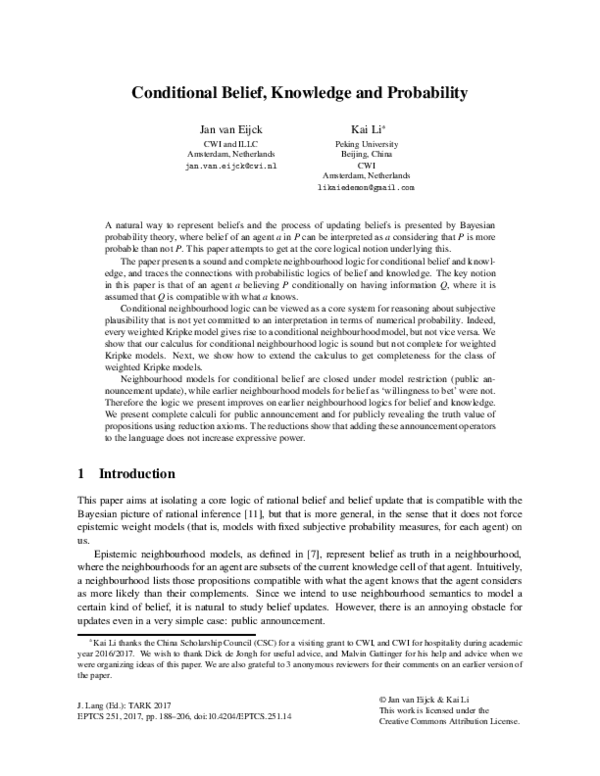 (PDF) Conditional Belief, Knowledge and Probability