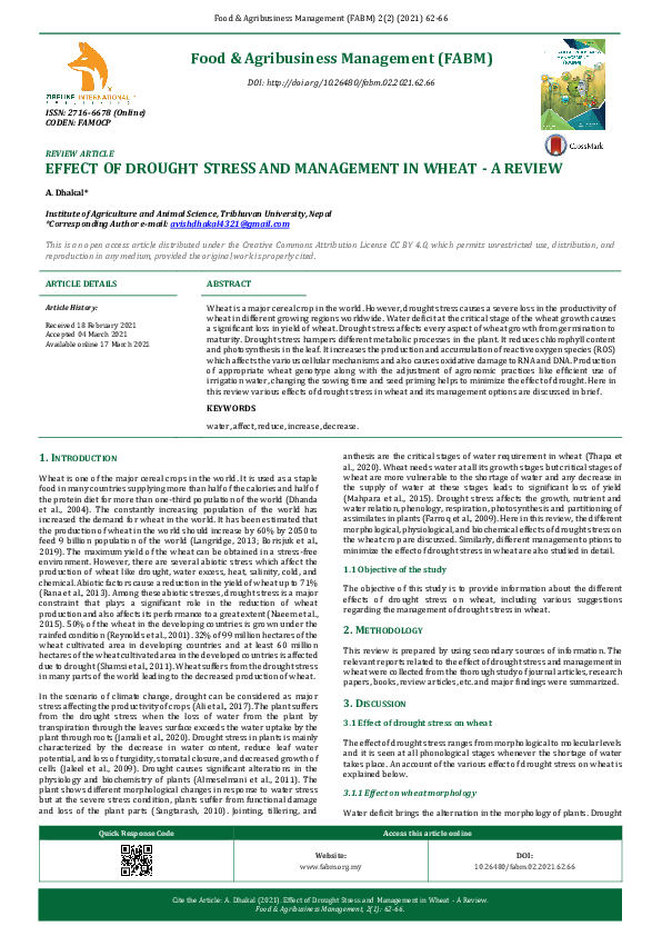 (PDF) Effect of Drought Stress and Management in Wheat - a Review