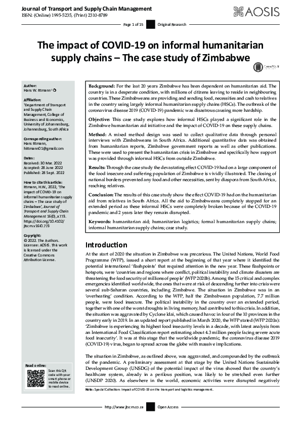 (PDF) The impact of COVID-19 on informal humanitarian supply chains ...