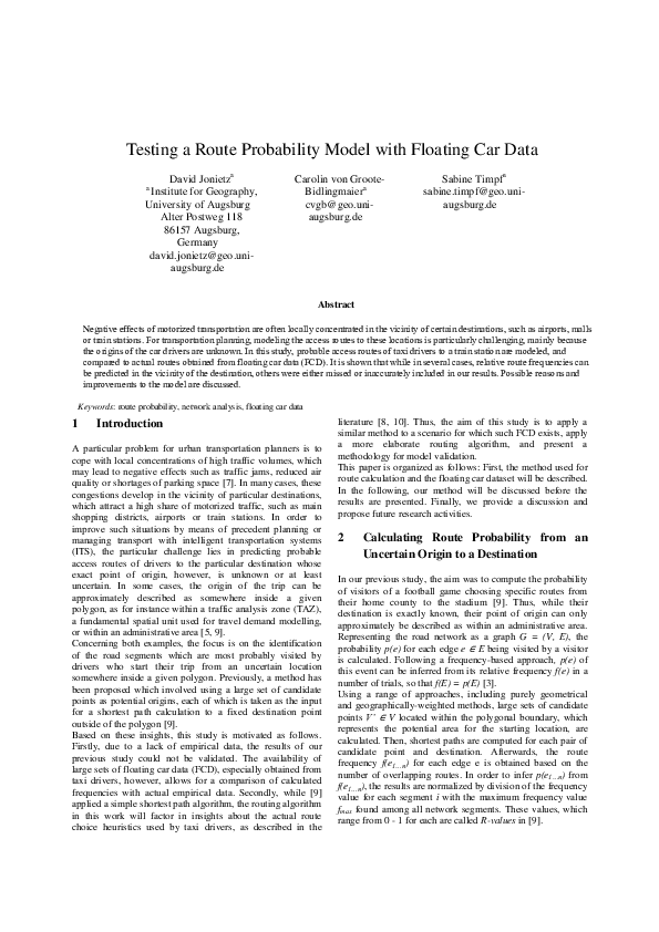 (PDF) Testing a Route Probability Model with Floating Car Data
