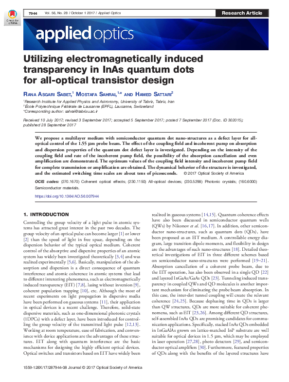 (PDF) Utilizing electromagnetically induced transparency in InAs ...
