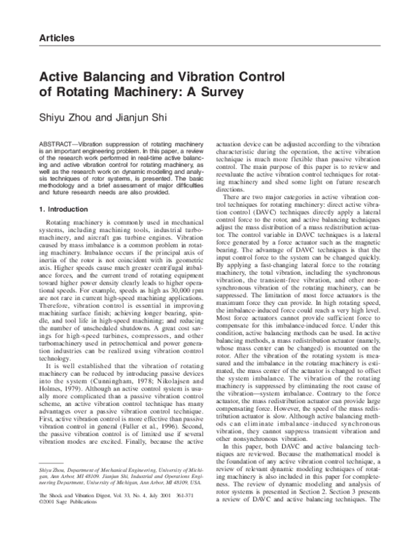 (PDF) Active Balancing and Vibration Control of Rotating Machinery: A ...