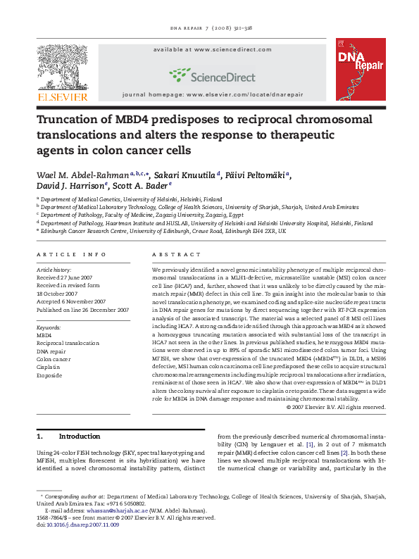 (PDF) Truncation of MBD4 predisposes to reciprocal chromosomal ...