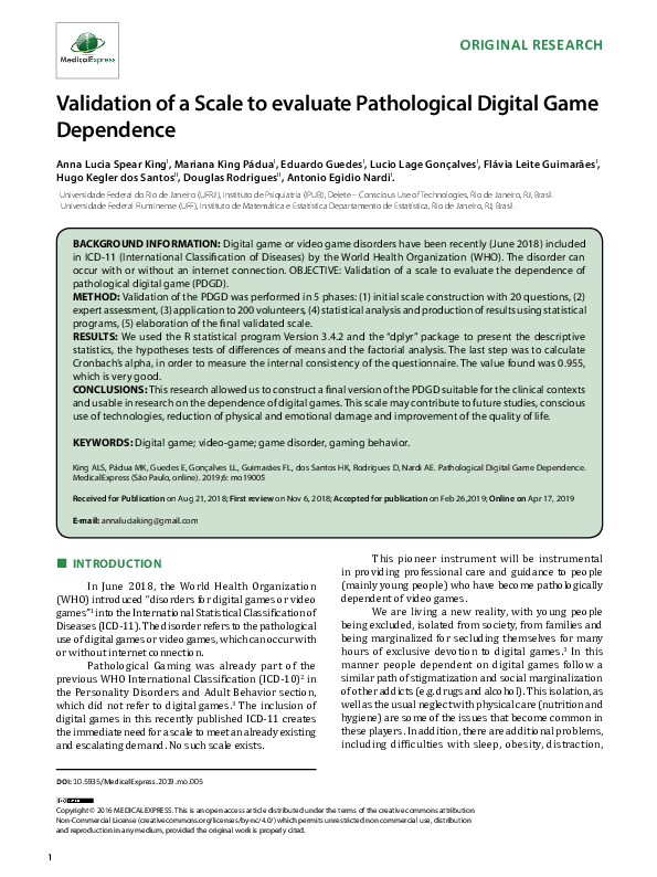 (PDF) Validation of a Scale to evaluate Pathological Digital Game ...