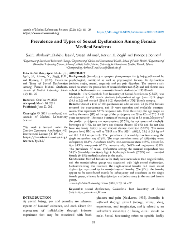 (PDF) Prevalence and Types of Sexual Dysfunction Among Female Medical ...