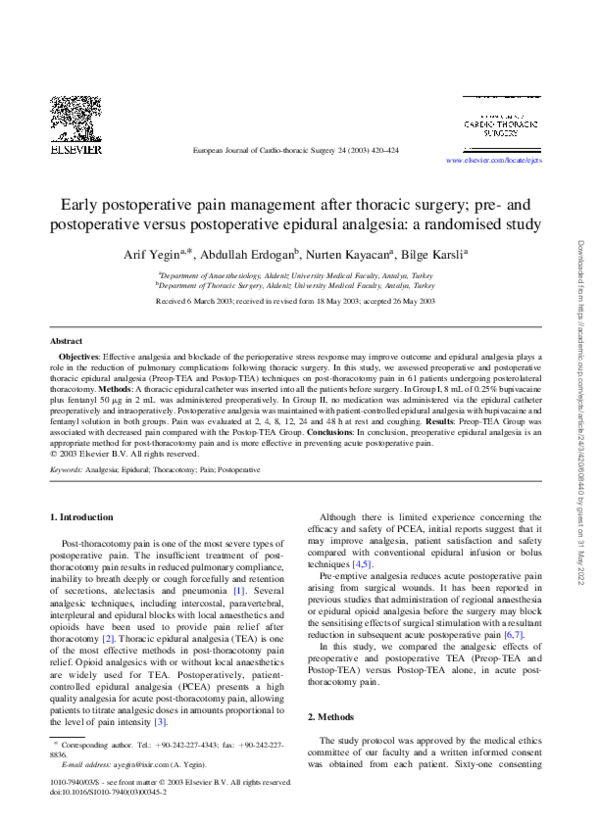 (PDF) Early postoperative pain management after thoracic surgery; pre ...
