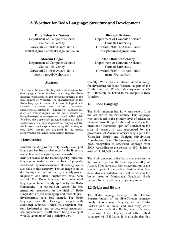 (PDF) A Wordnet for Bodo Language: Structure and Development