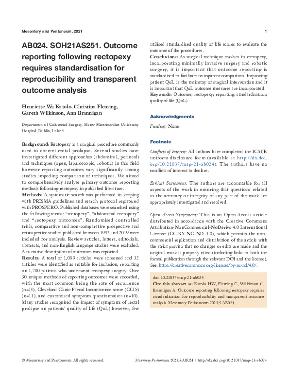 (PDF) AB024. SOH21AS251. Outcome reporting following rectopexy requires ...
