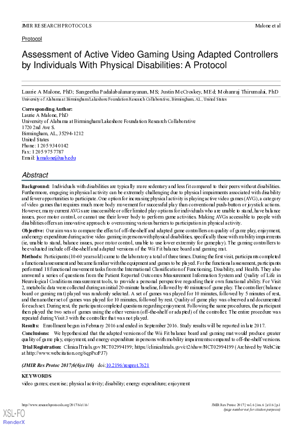 (PDF) Assessment of Active Video Gaming Using Adapted Controllers by ...
