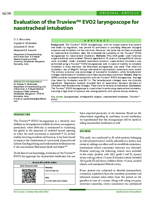 (PDF) Evaluation of the Truview™ EVO2 laryngoscope for nasotracheal ...