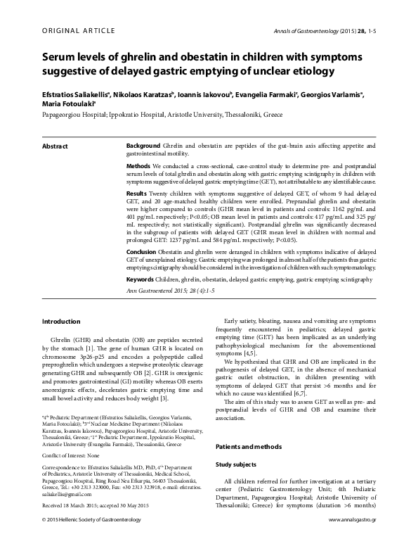 (PDF) Serum levels of ghrelin and obestatin in children with symptoms ...