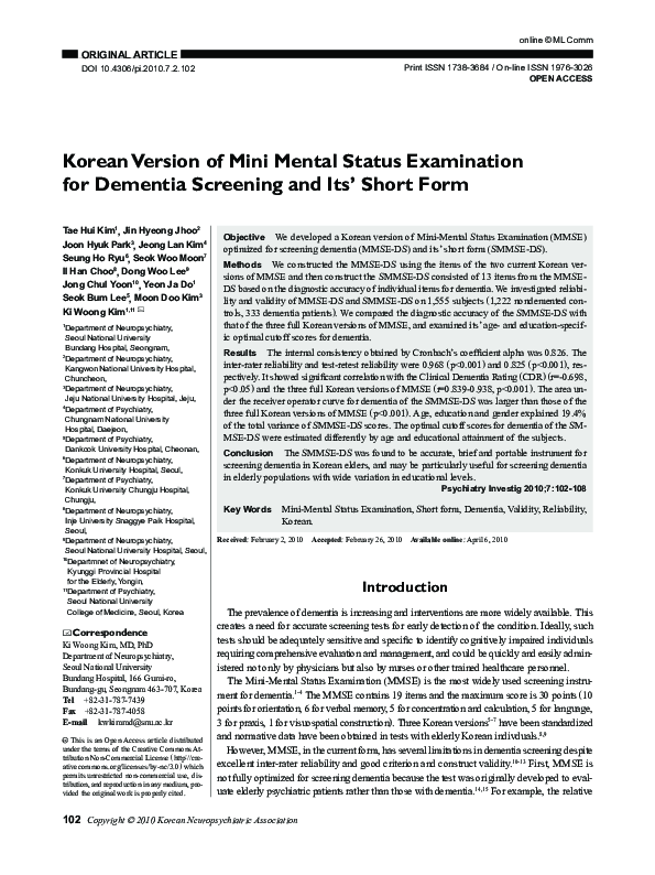 (PDF) Korean Version of Mini Mental Status Examination for Dementia ...