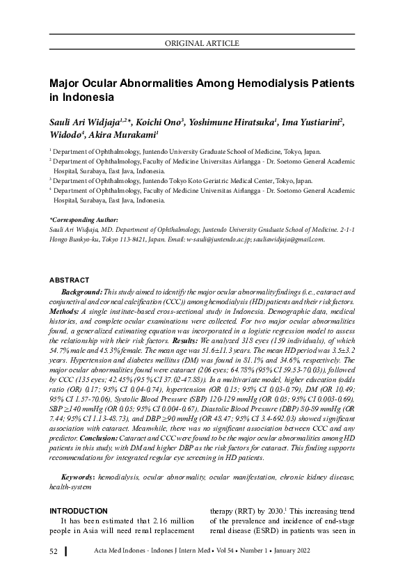Pdf Major Ocular Abnormalities Among Hemodialysis Patients In Indonesia