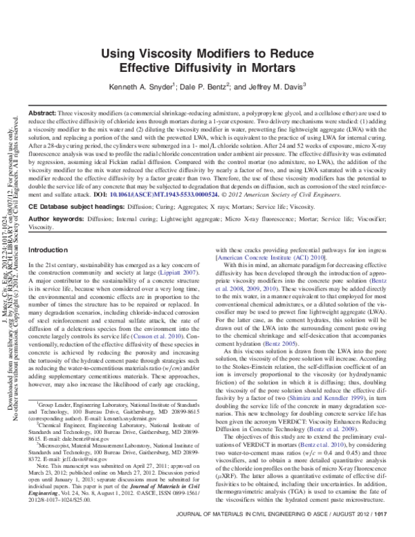 (PDF) Using Viscosity Modifiers to Reduce Effective Diffusivity in Mortars
