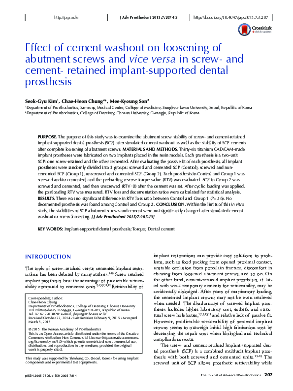 (PDF) Effect of cement washout on loosening of abutment screws and vice ...