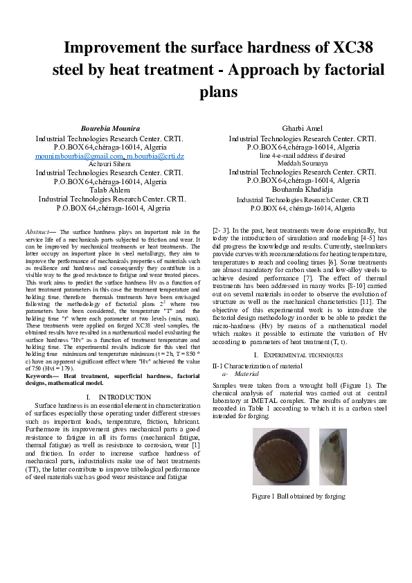 (PDF) Improvement the surface hardness of XC38 steel by heat treatment