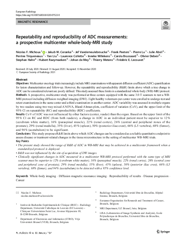 (PDF) Repeatability and reproducibility of ADC measurements: a ...