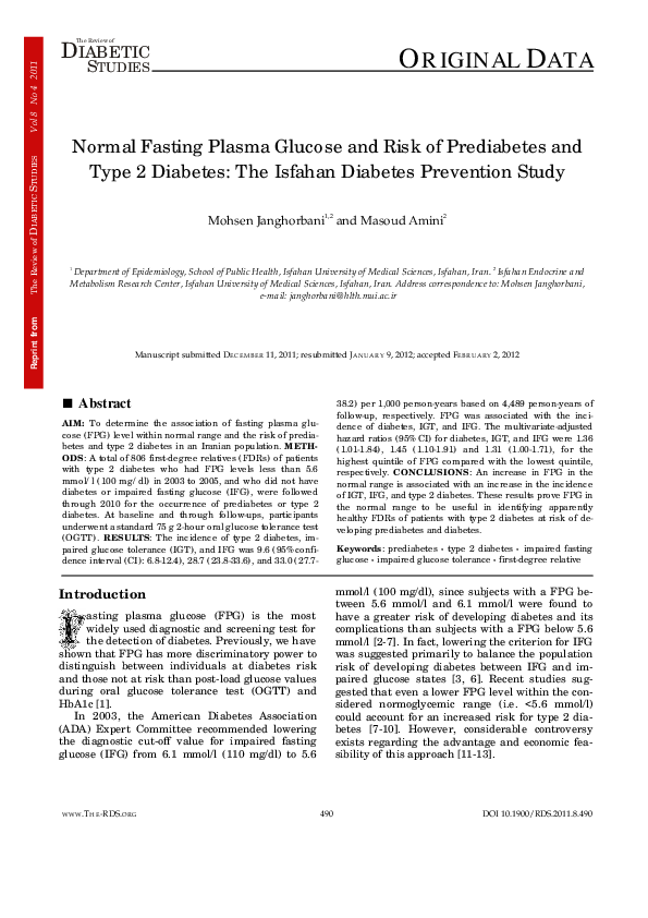 (PDF) Normal Fasting Plasma Glucose and Risk of Prediabetes and Type 2 ...