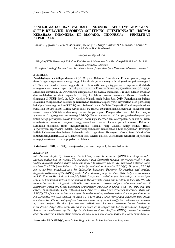 (PDF) Penerjemahan Dan Validasi Lingustik Rapid Eye Movement Sleep